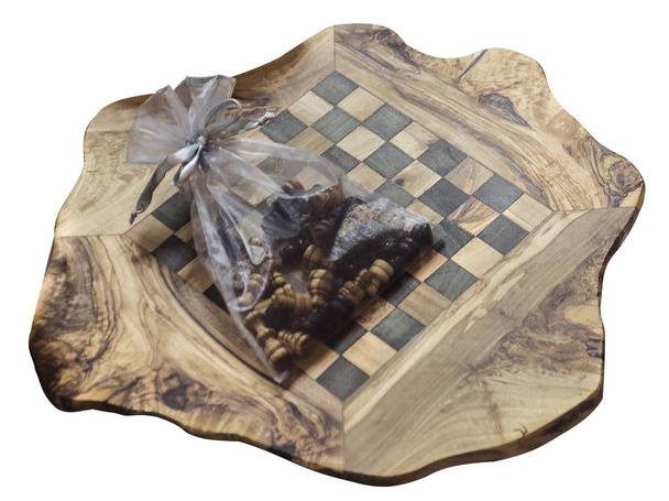 view chess board and figures of olive wood handmade isolated on white background - Photo, Image