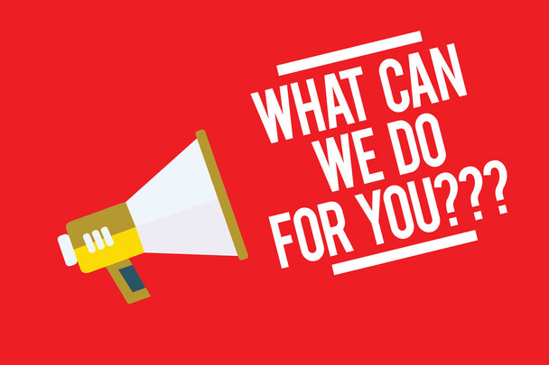 Handwriting text What Can We Do For You question question question. Concept meaning how may I help assist Megaphone loudspeaker red background important message speaking loud - Photo, Image