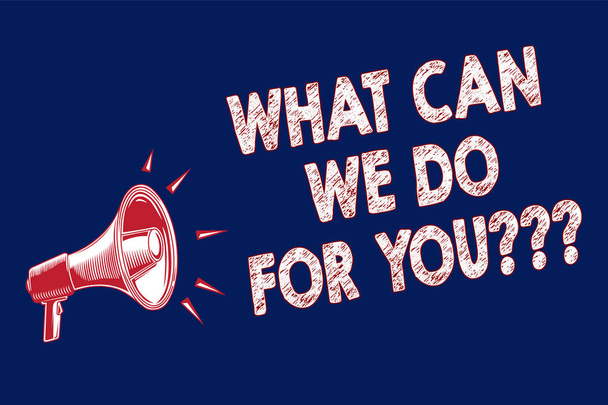 Word writing text What Can We Do For You question question question. Business concept for how may I help assist Megaphone loudspeaker blue background important message speaking loud - Photo, Image