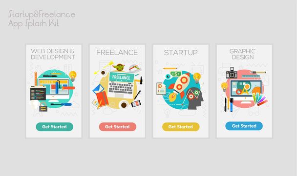 Platte responsieve opstarten en Freelance Ui mobiele app splash screens ontwerpsjabloon met trendy illustraties. Vectorillustratie - Vector, afbeelding