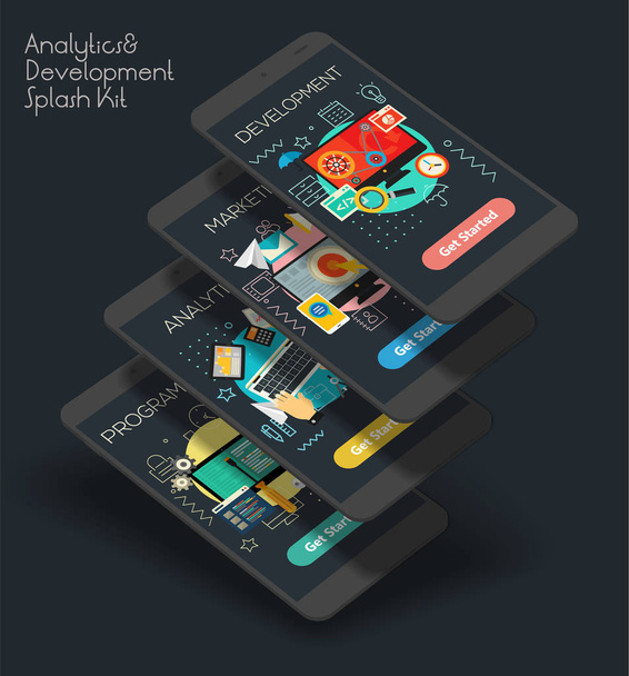 Platte responsieve Analytics en ontwikkeling Ui mobiele app splash schermen ontwerpsjabloon met trendy illustraties en 3D-smartphone mockup. Vectorillustratie - Vector, afbeelding