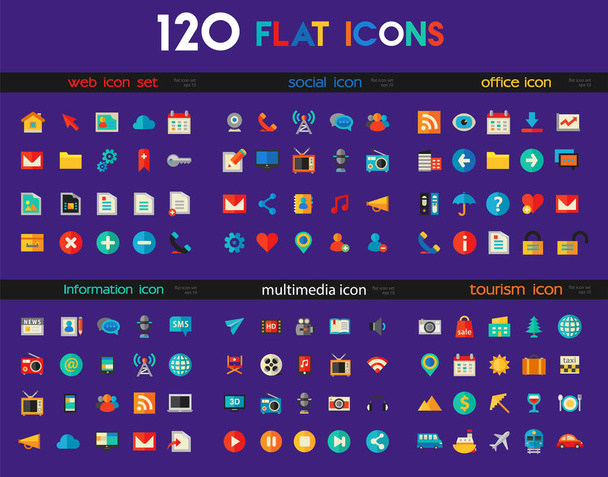 Trendy flat detailed multimedia, information, web and social colored icons on white background. Vector illustration - Vector, Image