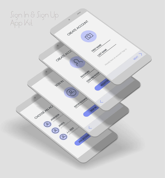 Trendy 3d responsible mobile UI соблазняет логином и регистрационным мобильным приложением на светлом фоне. Векторная иллюстрация
 - Вектор,изображение
