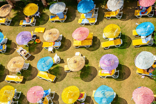 Tumbonas con sombrillas de colores del sol en la hierba cerca del mar o el océano
 - Foto, Imagen