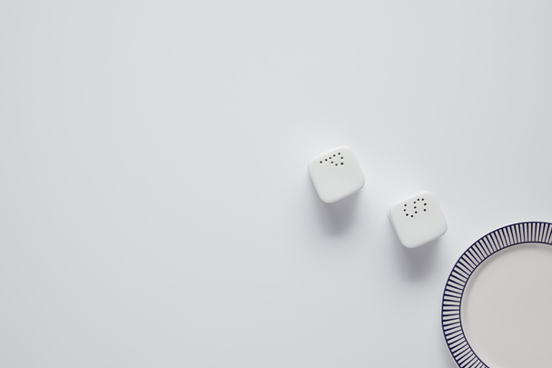 vista dall'alto di piatto, saliera e pepe caster su tavolo bianco, concetto minimalista
 - Foto, immagini