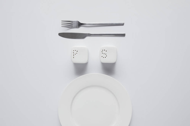 top view of arranged plate, fork, knife, saltcellar and pepper caster on white table, minimalistic concept - Фото, изображение