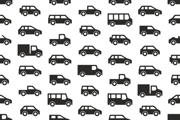 車や黒のトラックでのシームレスなパターン。白い背景に分離 - ベクター画像
