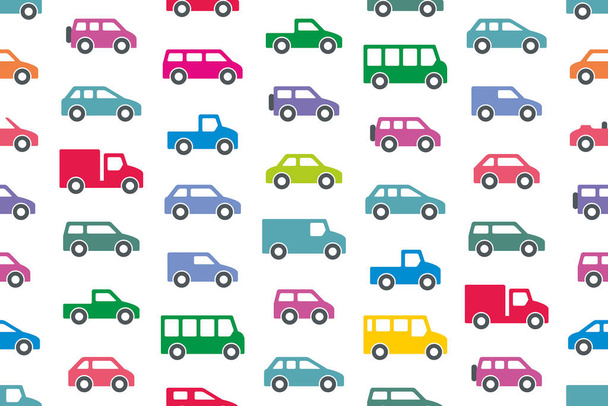 Απρόσκοπτη μοτίβο με τα αυτοκίνητα και τα φορτηγά στο χρώμα. απομονωμένα σε λευκό φόντο - Διάνυσμα, εικόνα