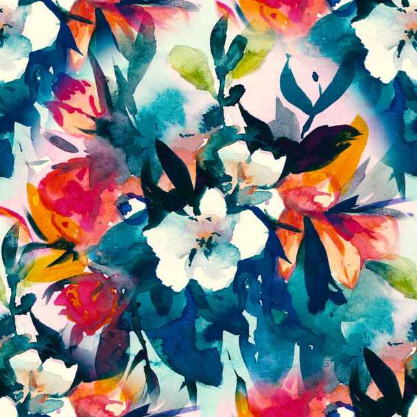 akvarell zökkenőmentes virágmintás, kényes virág, sárga, kék és rózsaszín virágok - Fotó, kép