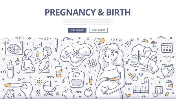 Illustration vectorielle Doodle d'une femme enceinte avec des éléments et des symboles de maternité. Grossesse, attentes et concept de naissance pour les bannières Web, les images de héros, les documents imprimés
 - Vecteur, image