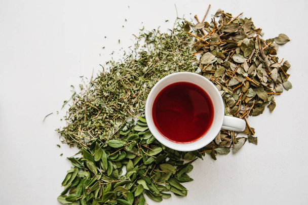 Té de hierbas fresco fragante y saludable en un vaso o taza en una superficie de madera blanca. Junto a ella se encuentran varias hierbas secas para hacer té. Producto saludable
 - Foto, imagen