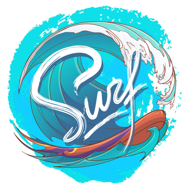 Logotipo de surf con letrero manuscrito estilizado y onda oceánica colorida colocada en el punto texturizado
. - Vector, Imagen