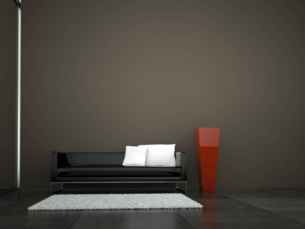 Διακόσμηση σύγχρονη φωτεινό δωμάτιο με μαύρο καναπέ - Φωτογραφία, εικόνα