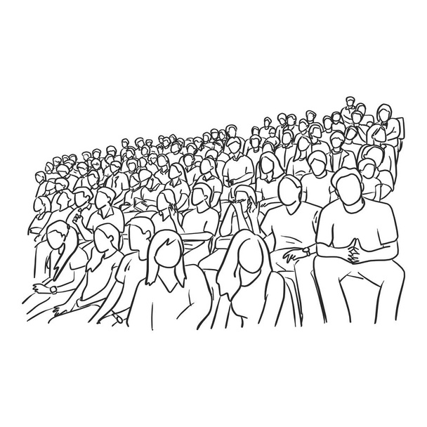 Hintergrund von Menschen, die auf dem Stadion sitzen, um ihre Fußballmannschaft zu bejubeln Vektor Illustration Skizze Doodle Hand mit schwarzen Linien isoliert auf weißem Hintergrund gezeichnet - Vektor, Bild