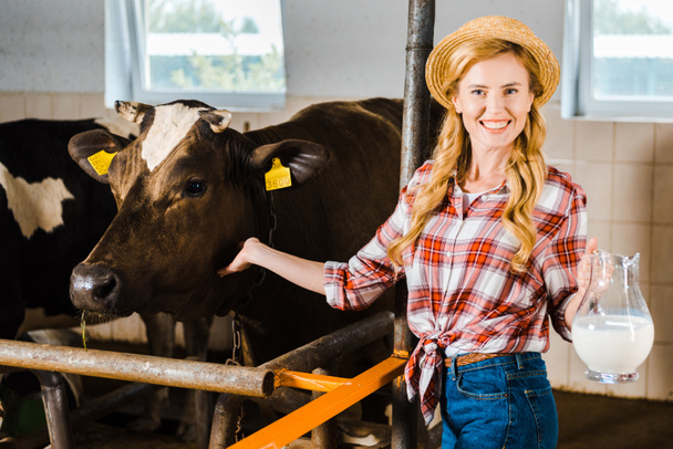 安定したミルクとパーミング牛の魅力的な農家持株水差し - 写真・画像