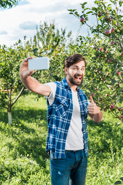 happy farmer showing thumb up to harvest and taking selfie with smartphone in apple garden - Photo, Image