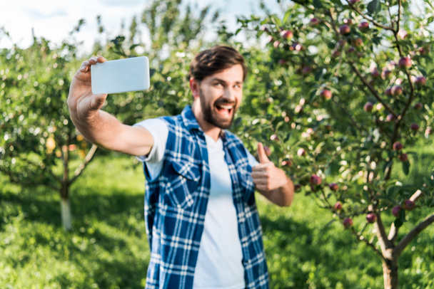messa a fuoco selettiva dell'agricoltore mostrando pollice verso l'alto per raccogliere e scattare selfie con smartphone nel giardino delle mele
 - Foto, immagini