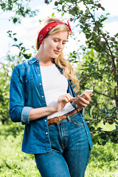 attractive farmer using smartphone in apple garden at farm - Photo, Image