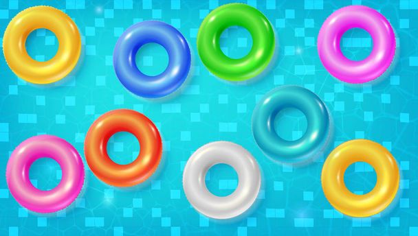 Set ringen drijvend in het blauwe water van het zwembad, bovenaanzicht zwemmen. Multi gekleurde opblaasbare cirkels om te zwemmen, plat lag. Vector iconen, sjabloon voor uw zomer ontwerp, dekking, posters - Vector, afbeelding