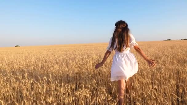 Szczęśliwa dziewczyna w białej sukni działa i uśmiecha się na polu pszenicy dojrzałe, zwolnionym tempie - Materiał filmowy, wideo
