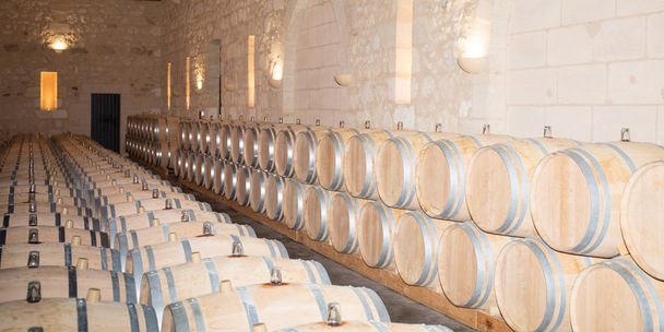 veel wijn vat in kelder winery - Foto, afbeelding