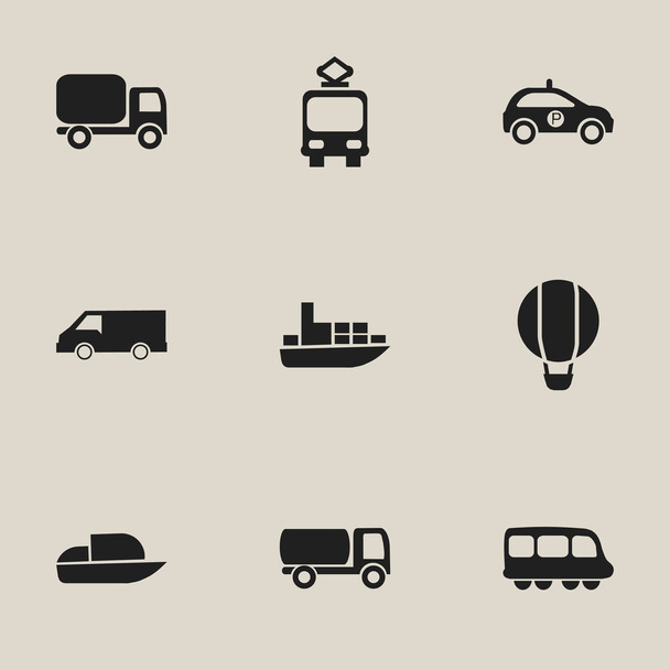 Ensemble de 9 icônes de transport modifiables. Comprend des symboles tels que ballon à air, bateau, livraison et plus encore. Peut être utilisé pour la conception web, mobile, UI et infographique
. - Vecteur, image