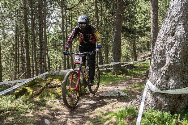 Vallnord, Andorra - 14 JULY 2018:  during his qualification race in the UCI Mountain Bike World Cup Downhill Vallnord 2018 - 写真・画像
