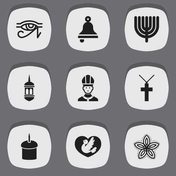 Conjunto de 9 iconos editable dyne. Incluye símbolos como campana, templo, mandala. Se puede utilizar para diseño web, móvil, IU e infografía
. - Vector, Imagen