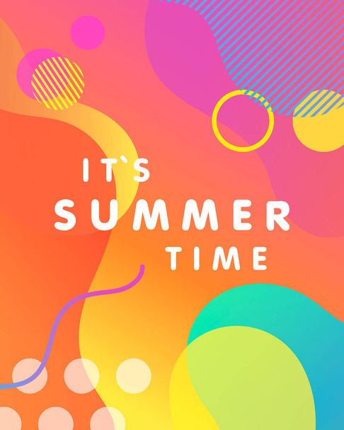 Unique artistic design card - it`s summer time with bright gradient background,shapes and geometric elements in memphis style.Bright poster perfect for prints,flyers,banners,invitations,special offer and more. - Vector, imagen