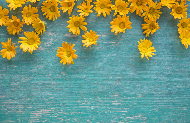 Garden yellow and orange flowers on a blue wooden background. - Foto, Imagen