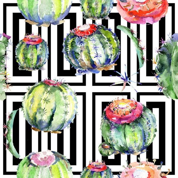 Wildflower green cactuses.  Seamless background pattern. Fabric wallpaper print texture. Aquarelle wildflower for background, texture, wrapper pattern, frame or border. - Fotó, kép