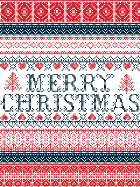 Veselé Vánoce Nordic, styl vektor bezešvé vánoční vzory inspirován skandinávské vánoční, sváteční zima v cross steh s srdce, vločka, hvězda, sníh, vánoční stromeček, ozdoby  - Vektor, obrázek