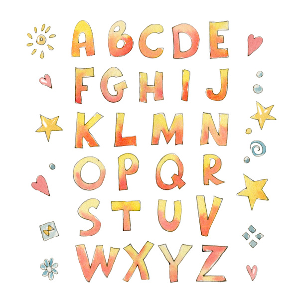Las letras del alfabeto inglés con un estilo ingenuo aislado sobre fondo blanco. Ilustración en acuarela
. - Foto, imagen