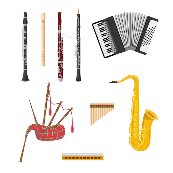 Wektor ilustracja zestaw instrumentów muzycznych instrumentów dętych drewnianych w stylu kreskówka na białym tle - Wektor, obraz
