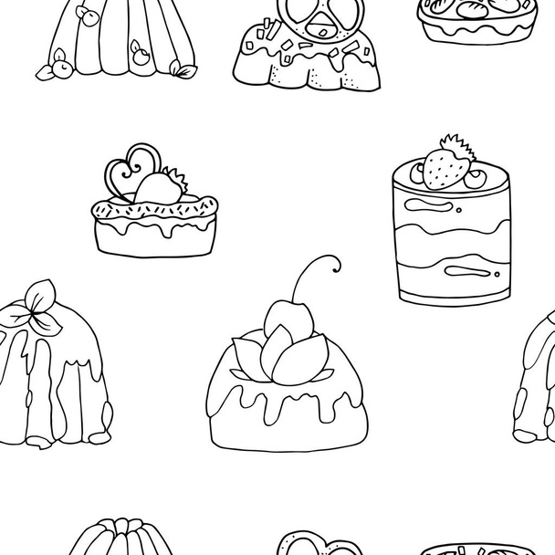 Fondo de patrón dibujado a mano de diferentes puddings, postres y pasteles con crema y berenjas.Ilustraciones vectoriales monocromáticas en estilo de boceto
. - Vector, imagen