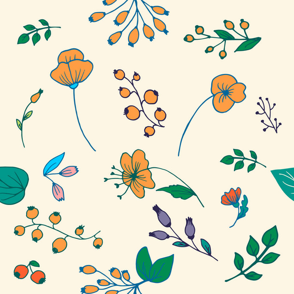 Doodle színes gyógynövények, növények és virágok. Vektor-mintás háttérrel. - Vektor, kép