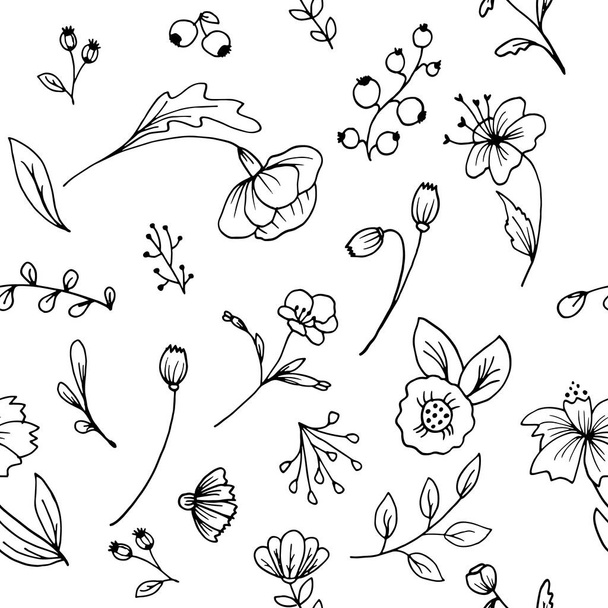 ハーブの手には、異なった植物および花のパターン背景が描画されます。スケッチ風のモノクロ背景イラスト. - ベクター画像