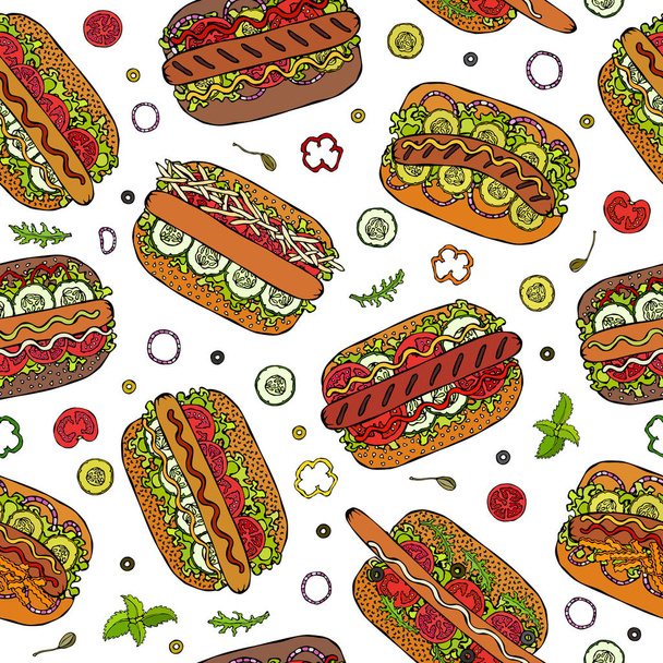 Hot Dog Seamless Endless Pattern. Many Ingredients. Restaurant or Cafe Menu Background. Street Fast Food Collection. Realistic Hand Drawn High Quality Vector Illustration. Doodle Style - Διάνυσμα, εικόνα