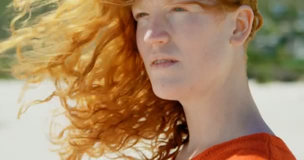 Beautiful woman with windswept hair standing on beach 4k - Video, Çekim