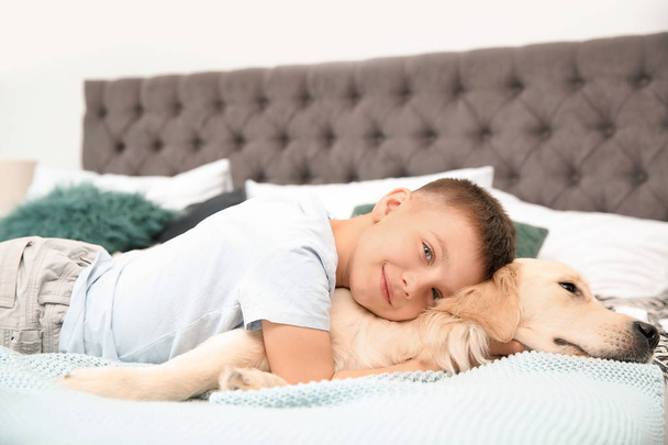 Cute little child with his pet on bed at home - Foto, imagen