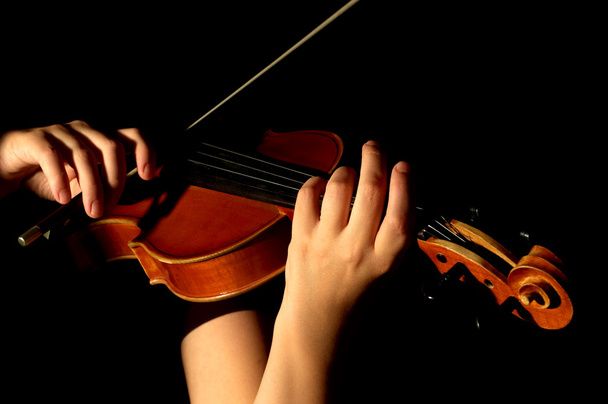 Músico tocando violino isolado em blac
 - Foto, Imagem