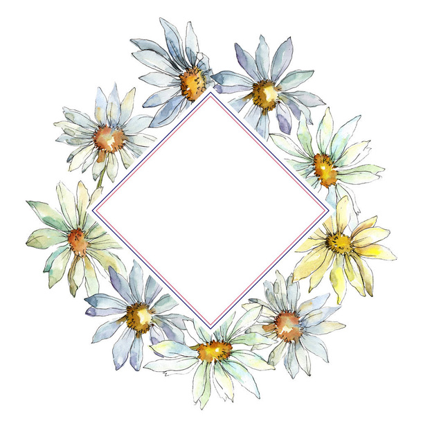 Beyaz papatya çiçekler. Çerçeve kenarlığı süsleme Meydanı. Arka plan, doku, sarıcı desen, çerçeve veya kenarlık için Aquarelle kır çiçeği. - Fotoğraf, Görsel