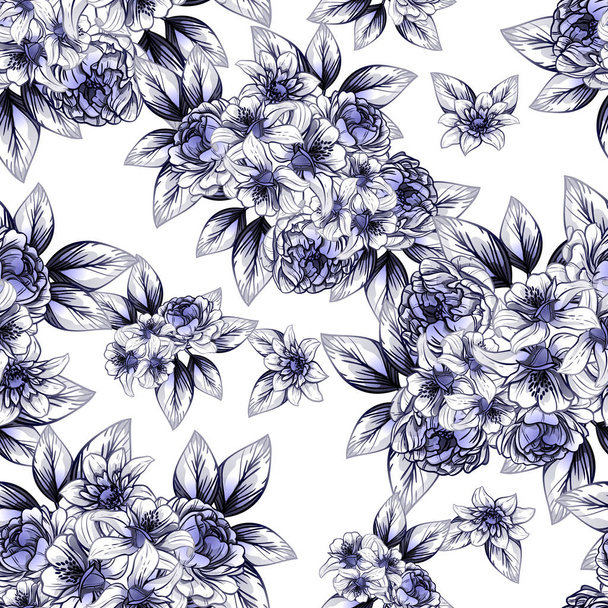 Seamless vintage style flower pattern. Floral elements in contour - Vector, Image