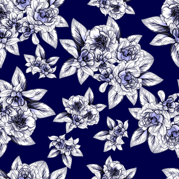 Seamless vintage style flower pattern. Floral elements in contour - Vector, afbeelding