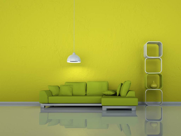 Interieur design moderne lichte kamer met groene sofa - Foto, afbeelding