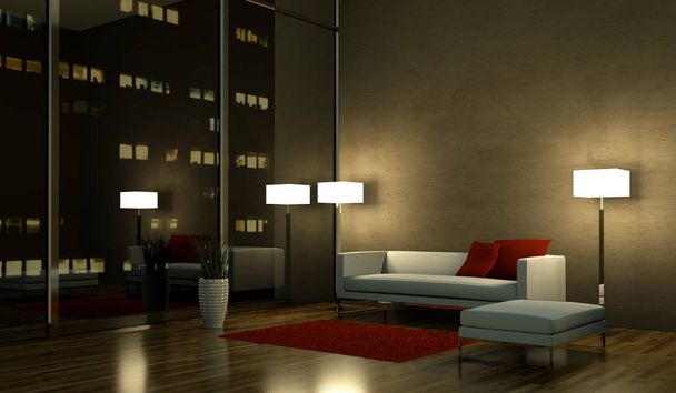 Design de interiores moderno quarto luminoso com sofá
 - Foto, Imagem