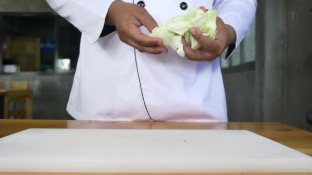 Großaufnahme vom Chef, der Salat macht und Salat auf Schneidebrett hackt. - Filmmaterial, Video