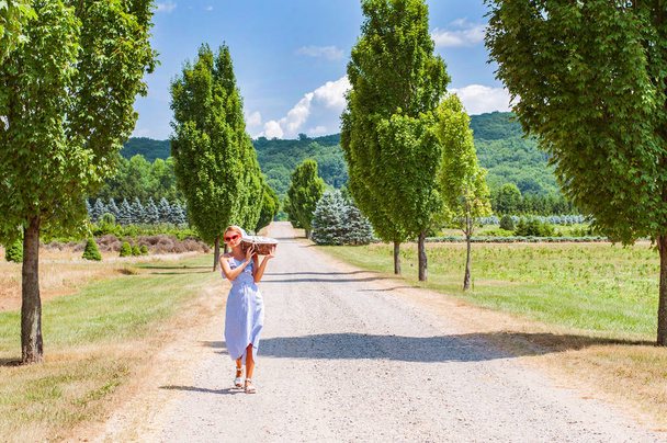 Happy beautiful woman in dress with wicker basket is walking the road in the countryside - Foto, imagen