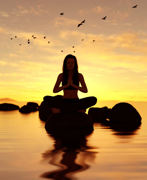 3D illustratie van silhouet vrouw doet meditatie yoga op de steen aan de zee - Foto, afbeelding