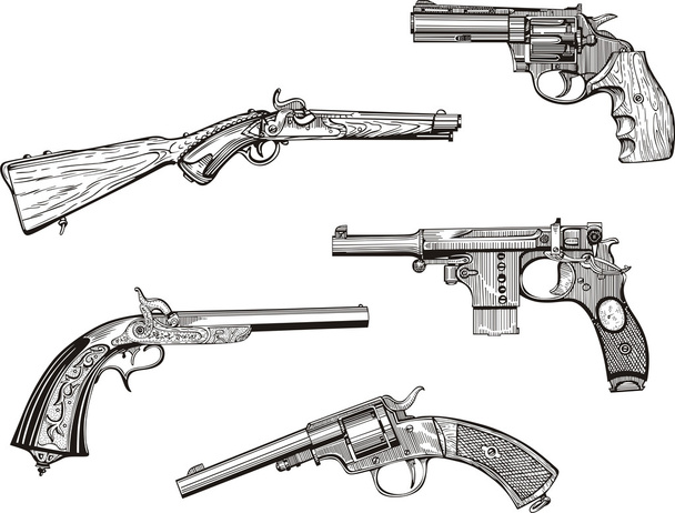 Комплект старых револьверов и пистолетов
 - Вектор,изображение